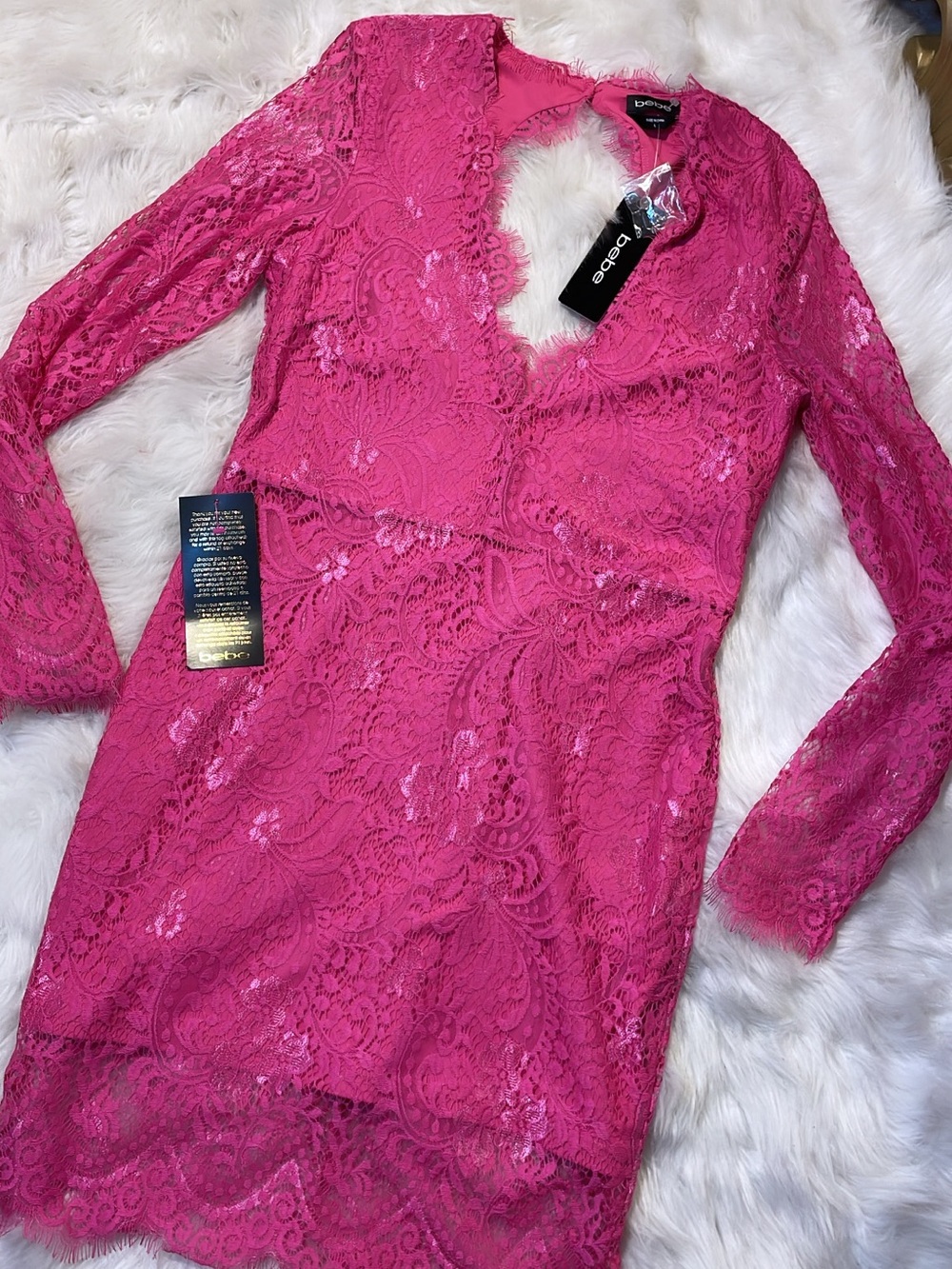 bebe Fuchsia Lace V-Neck Long Sleeve Dress